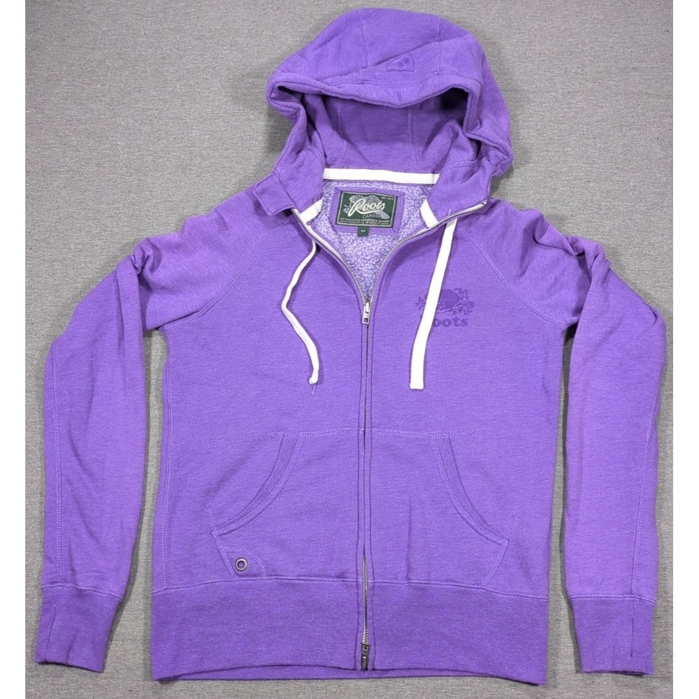 VTG Roots Canada Hoodie Purple Velour Logo Full Zip Womens Size SP Sweatshirt‎
